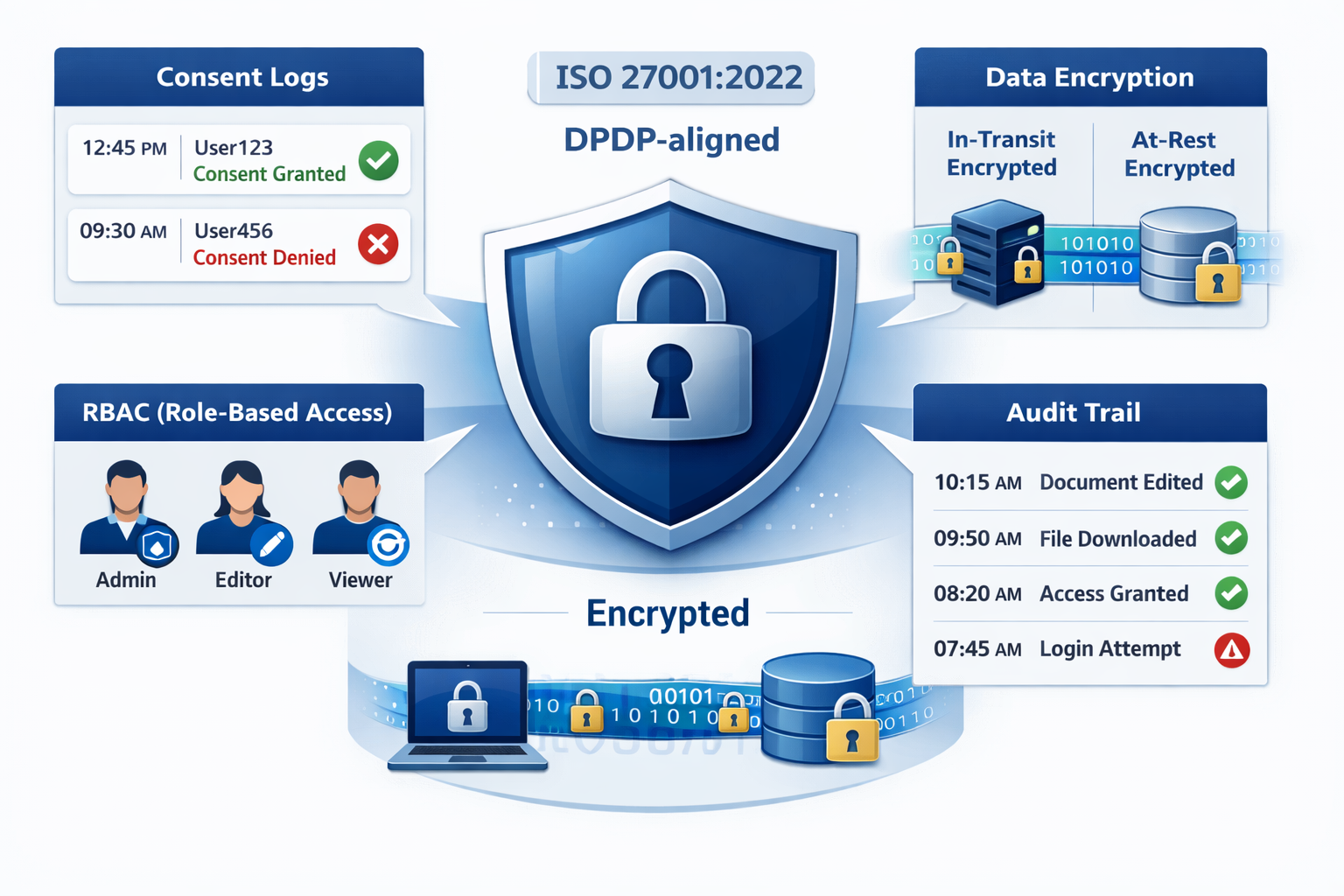 TrullyCapital animation illustrating consent logs, encryption, and audit trail
